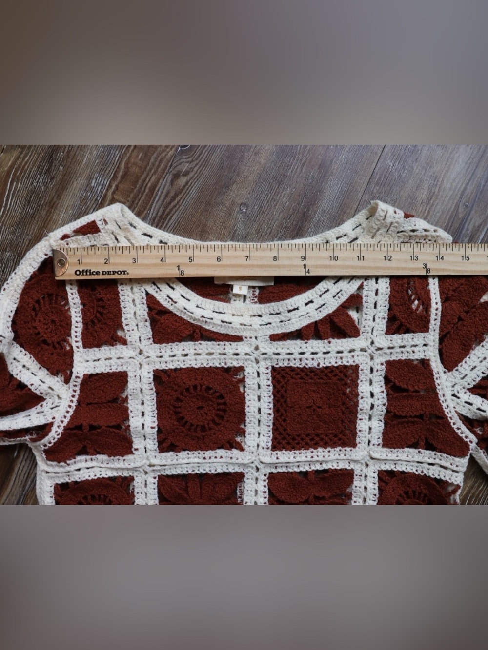 Cropped Crochet Floral Granny Square Sweater Top Hippie Boho Rust Ivory Size S - Picture 10 of 13